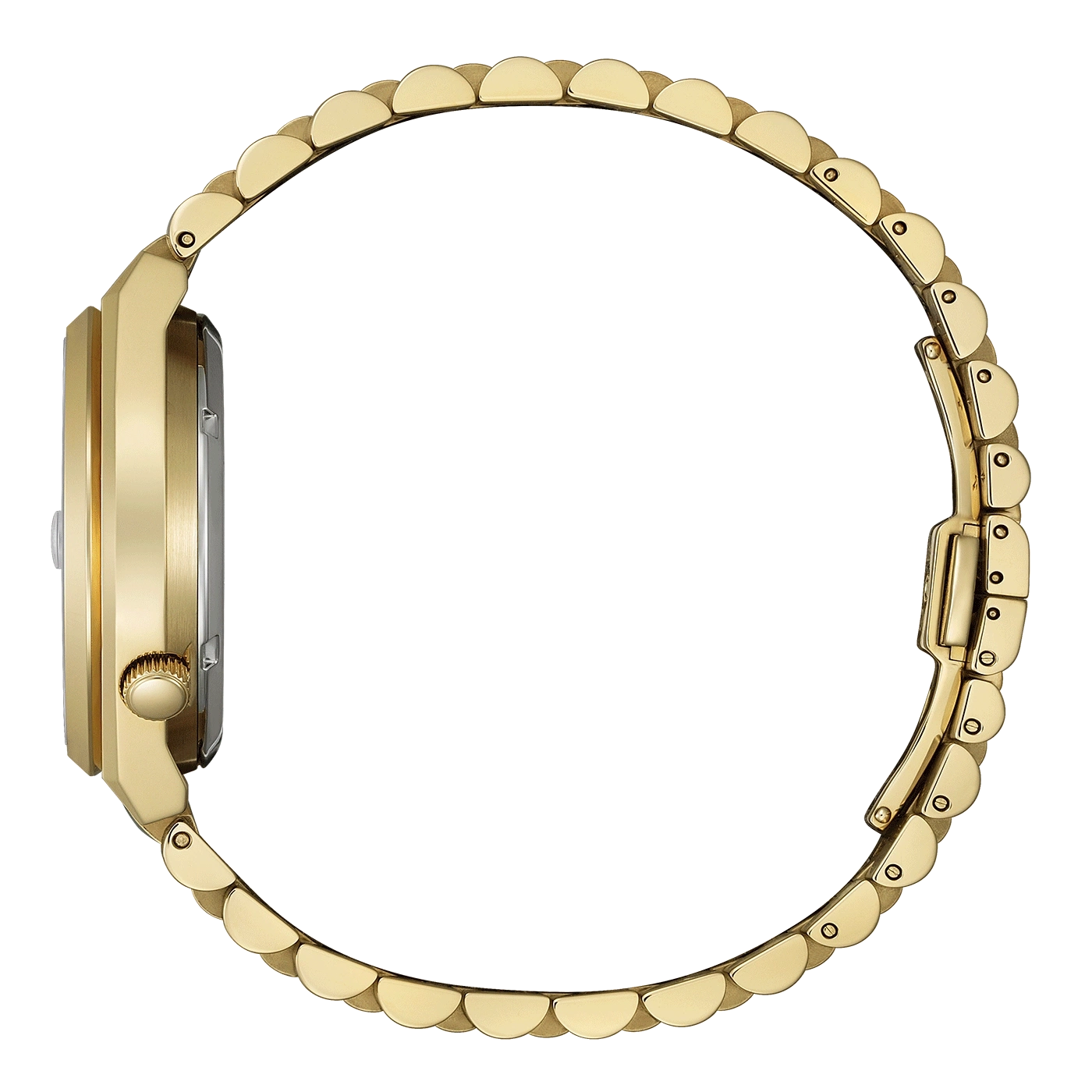 Gold watch side view, elegant design, circular bracelet, luxury accessory, timekeeping device.