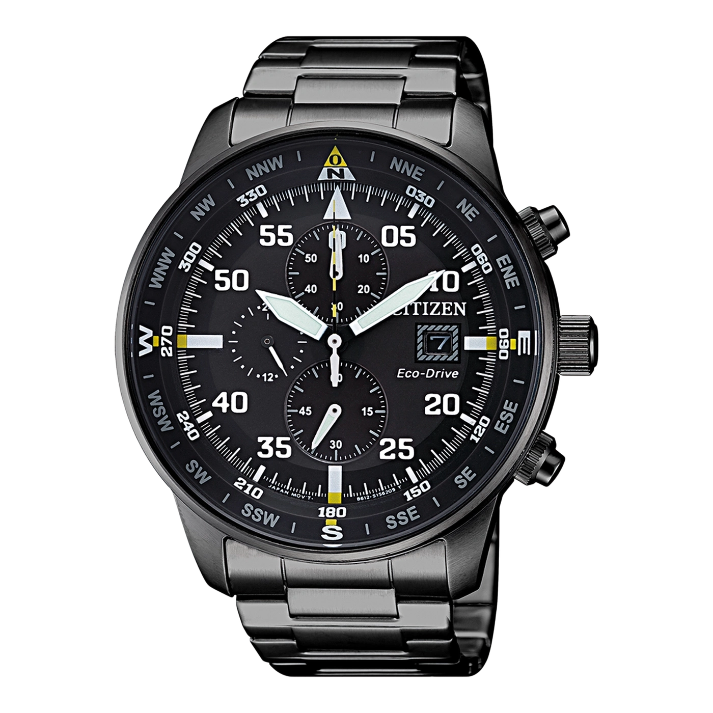 Black Citizen watch with compass and chronograph features, perfect for outdoor adventures.