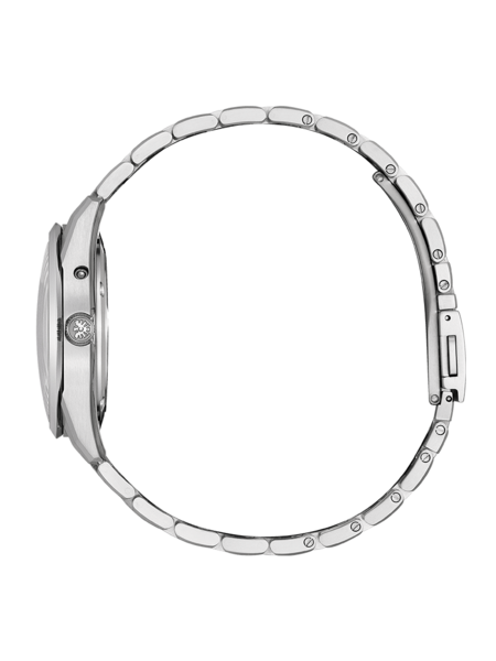 Seitenansicht einer silbernen Armbanduhr mit Metallband auf schwarzem Hintergrund.