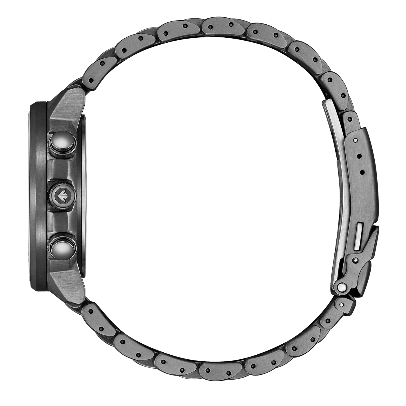 Close-up of a dark gray watch with a metal band and buttons on the side.