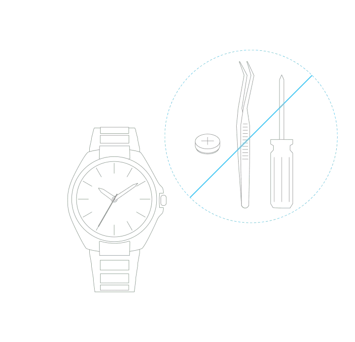 Watch with tools crossed out, indicating do not repair yourself.