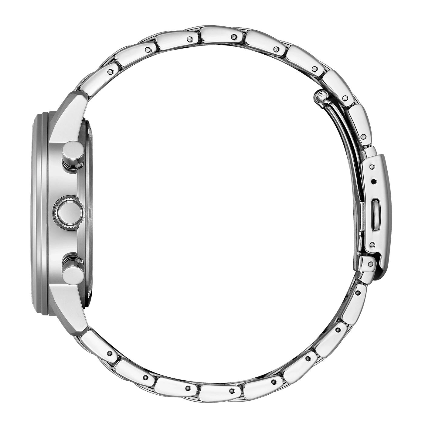 Side view of a silver watch with a metal band.