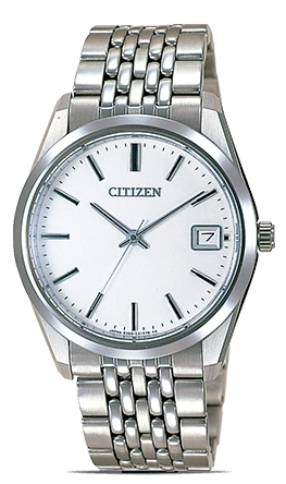 Citizen watch with a white dial and silver bracelet, date display.