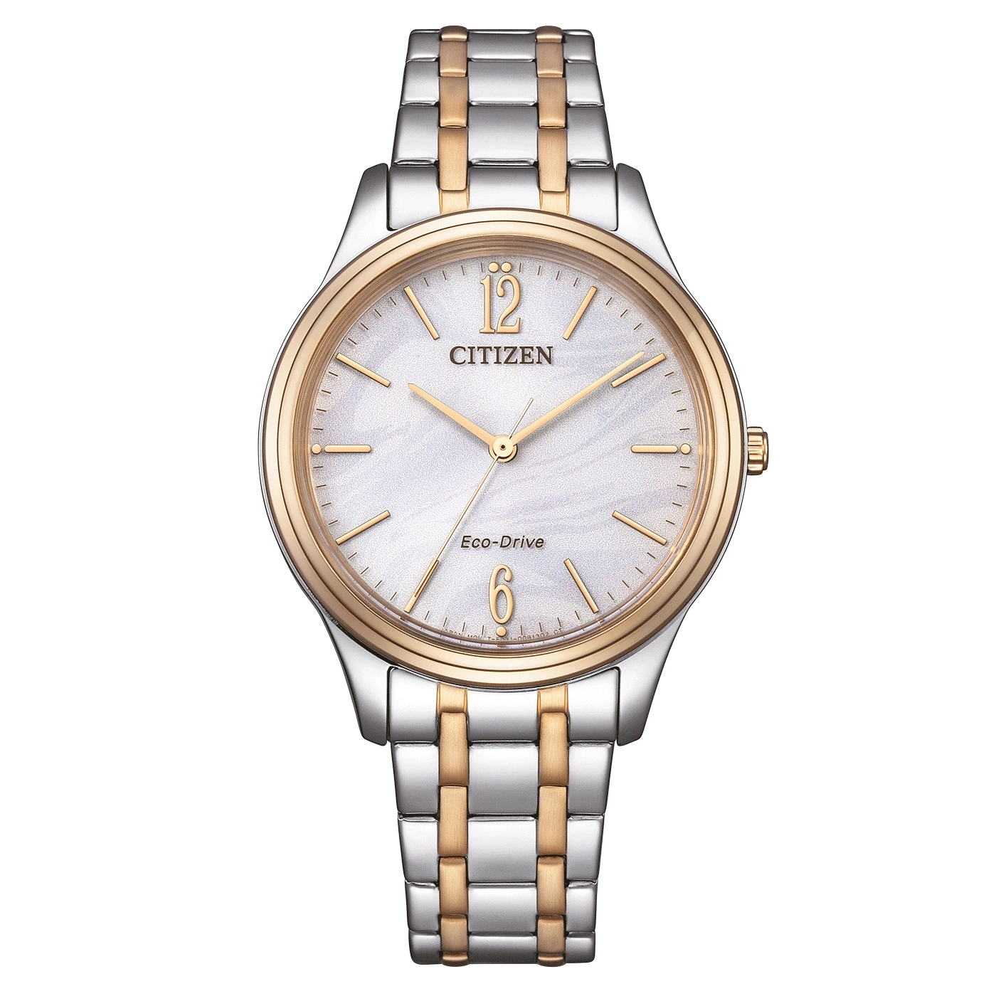 Citizen watch with gold and silver bracelet, white face, elegant design