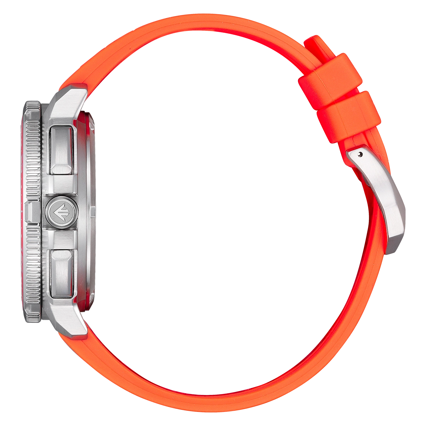 Side view of a modern silver watch with an orange rubber strap.