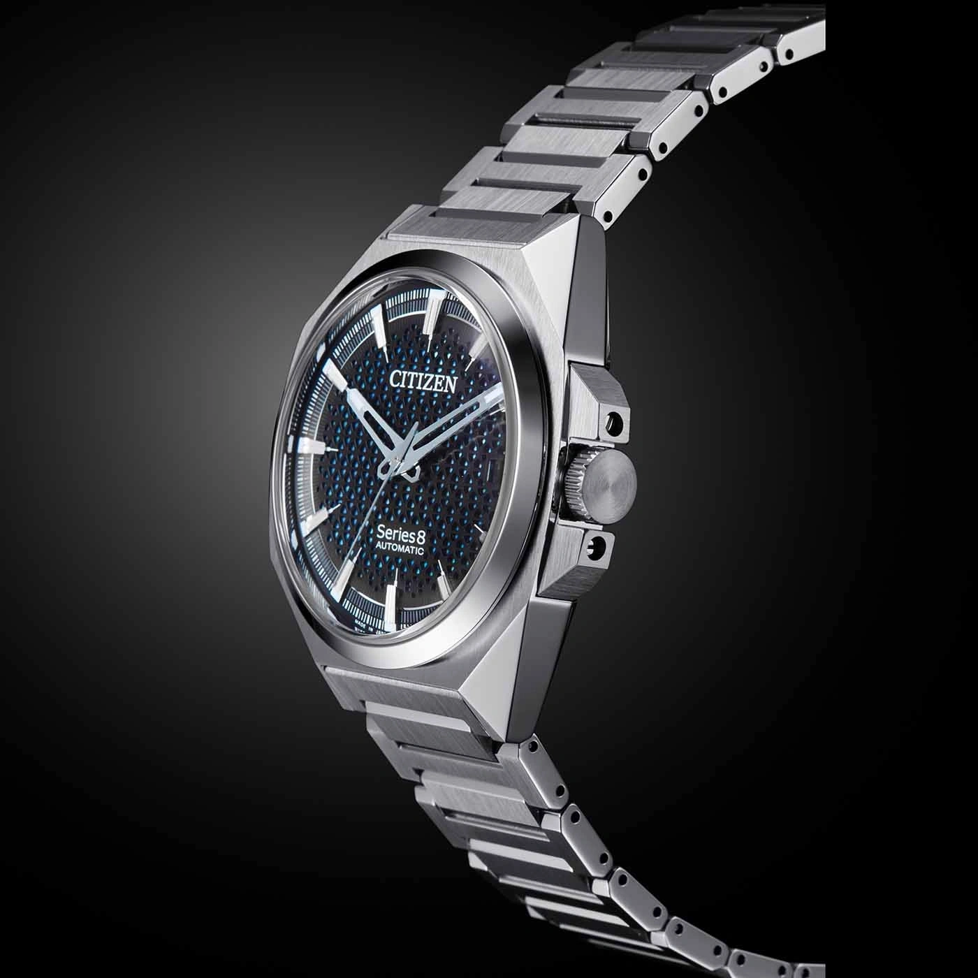 Citizen Series 8 automatic watch with a stainless steel bracelet and black dial.
