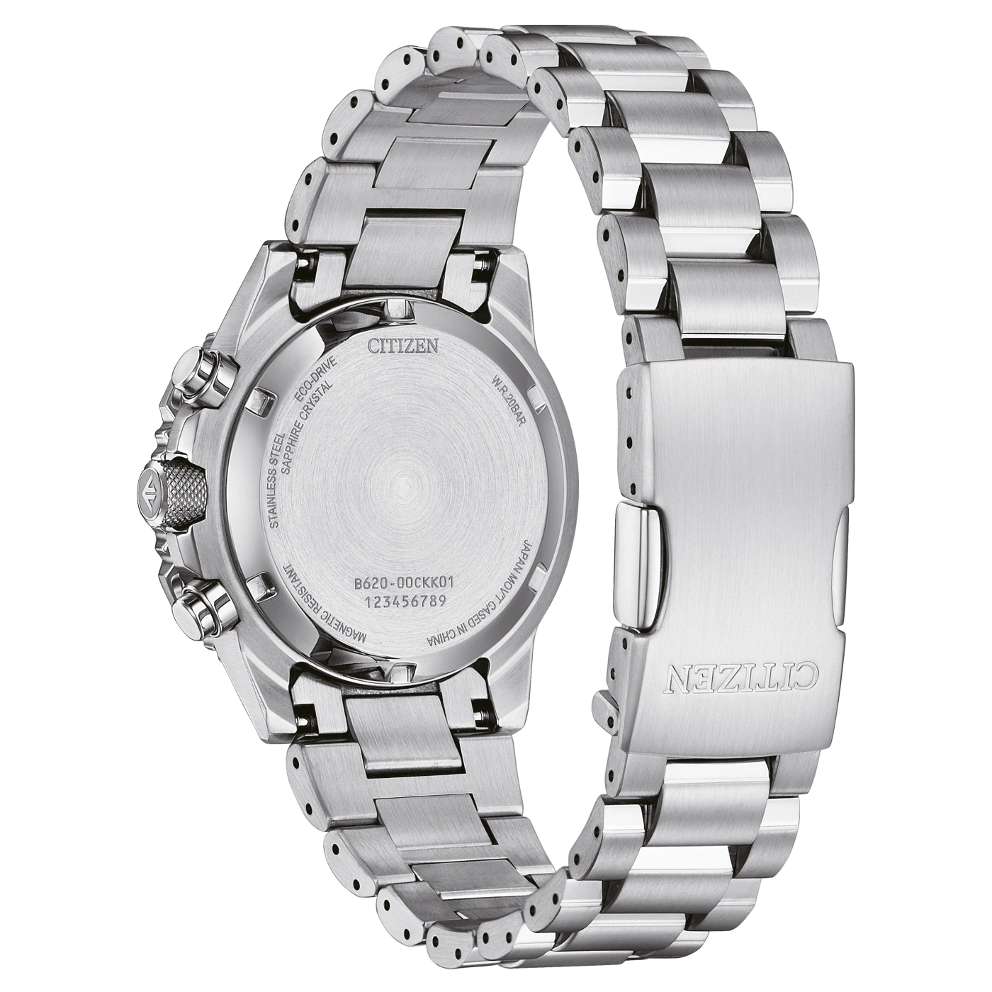 Citizen watch back, stainless steel, Eco-Drive, sapphire crystal, W.R.20BAR, Japan