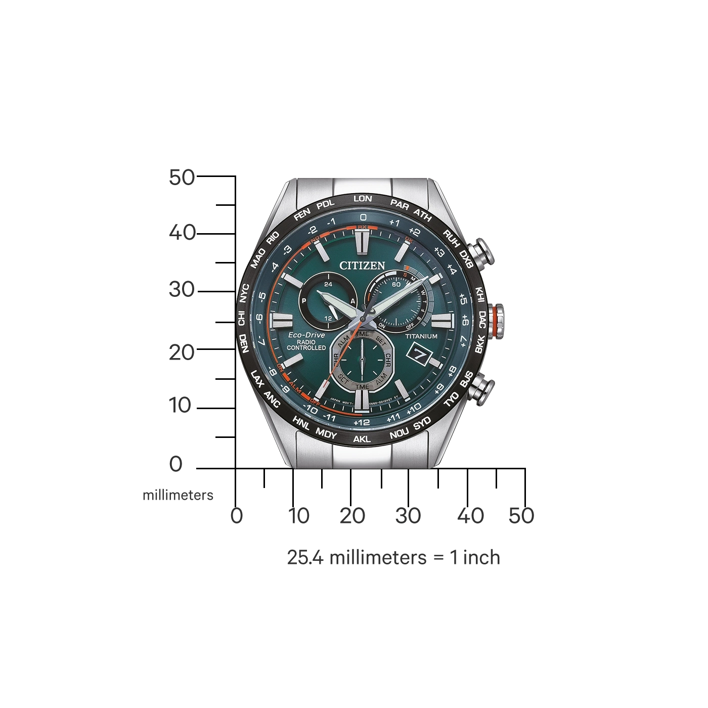 Citizen watch with green face, titanium, radio controlled, time zones, and date display.