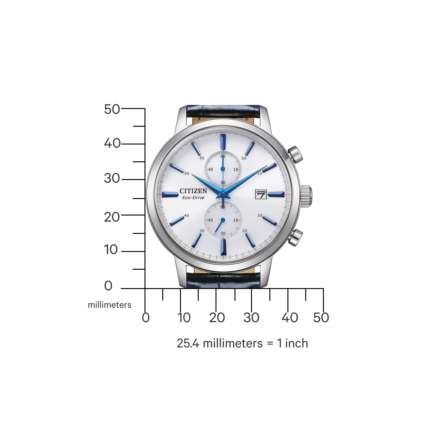 Citizen Eco-Drive watch with white face, blue accents, and leather strap.