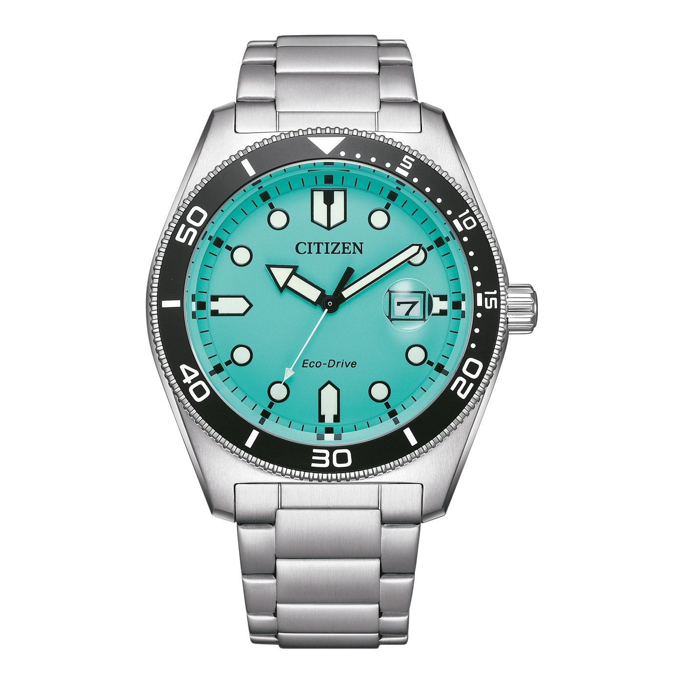 Citizen watch with a turquoise dial and a black bezel, stainless steel bracelet.