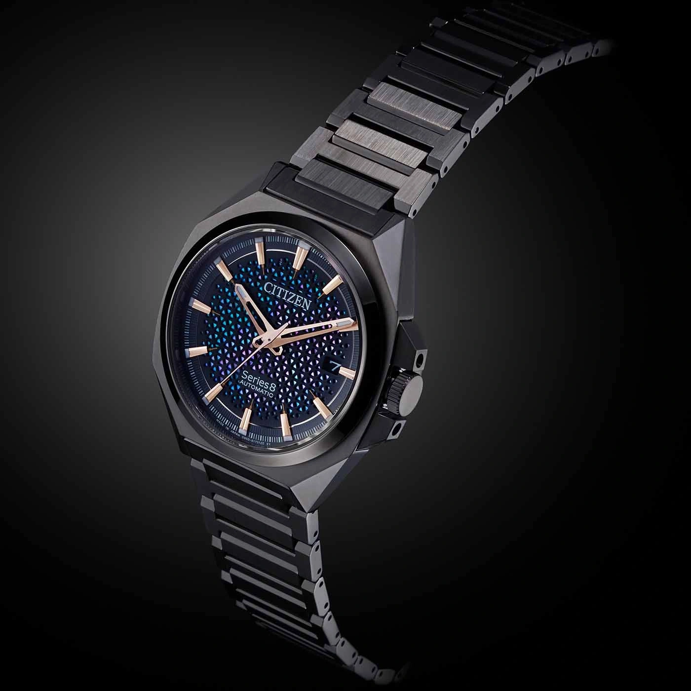Citizen Series 8 automatic watch with a black metal bracelet and dark blue dial.