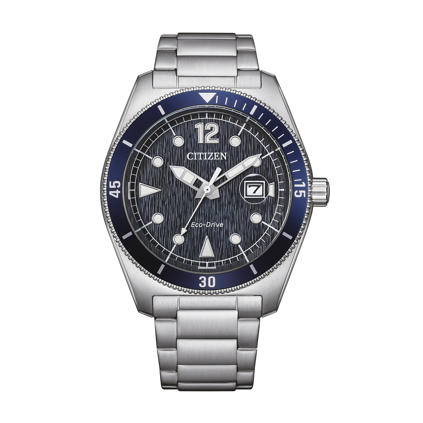 A Citizen Eco-Drive watch with a blue dial and silver band.