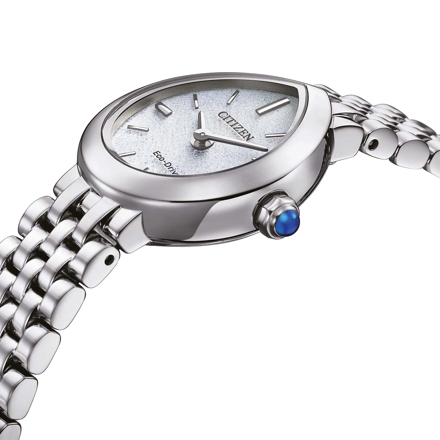 Close-up of a silver Citizen Eco-Drive watch with a blue stone on the crown.