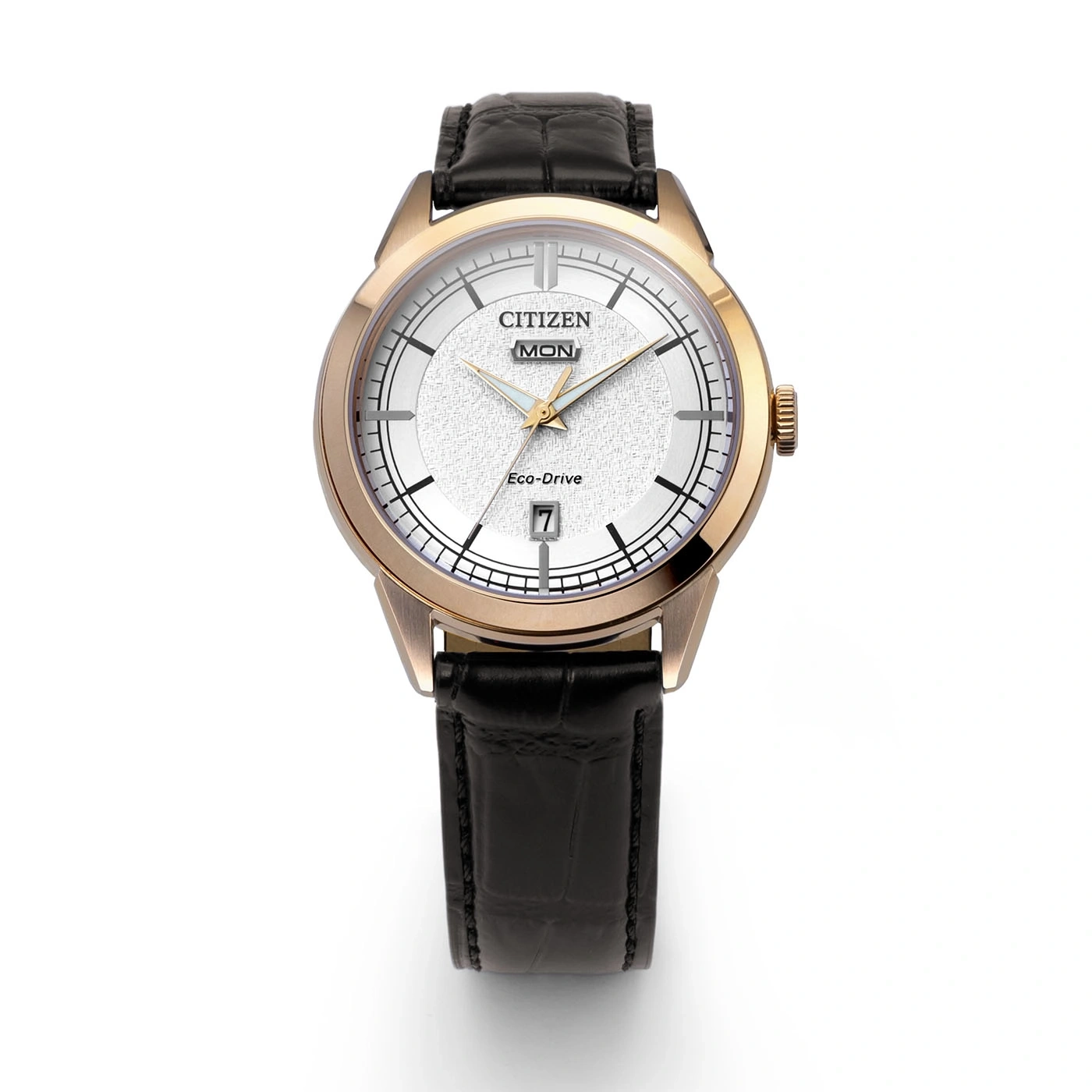 A Citizen Eco-Drive watch with a white textured dial and black leather strap.