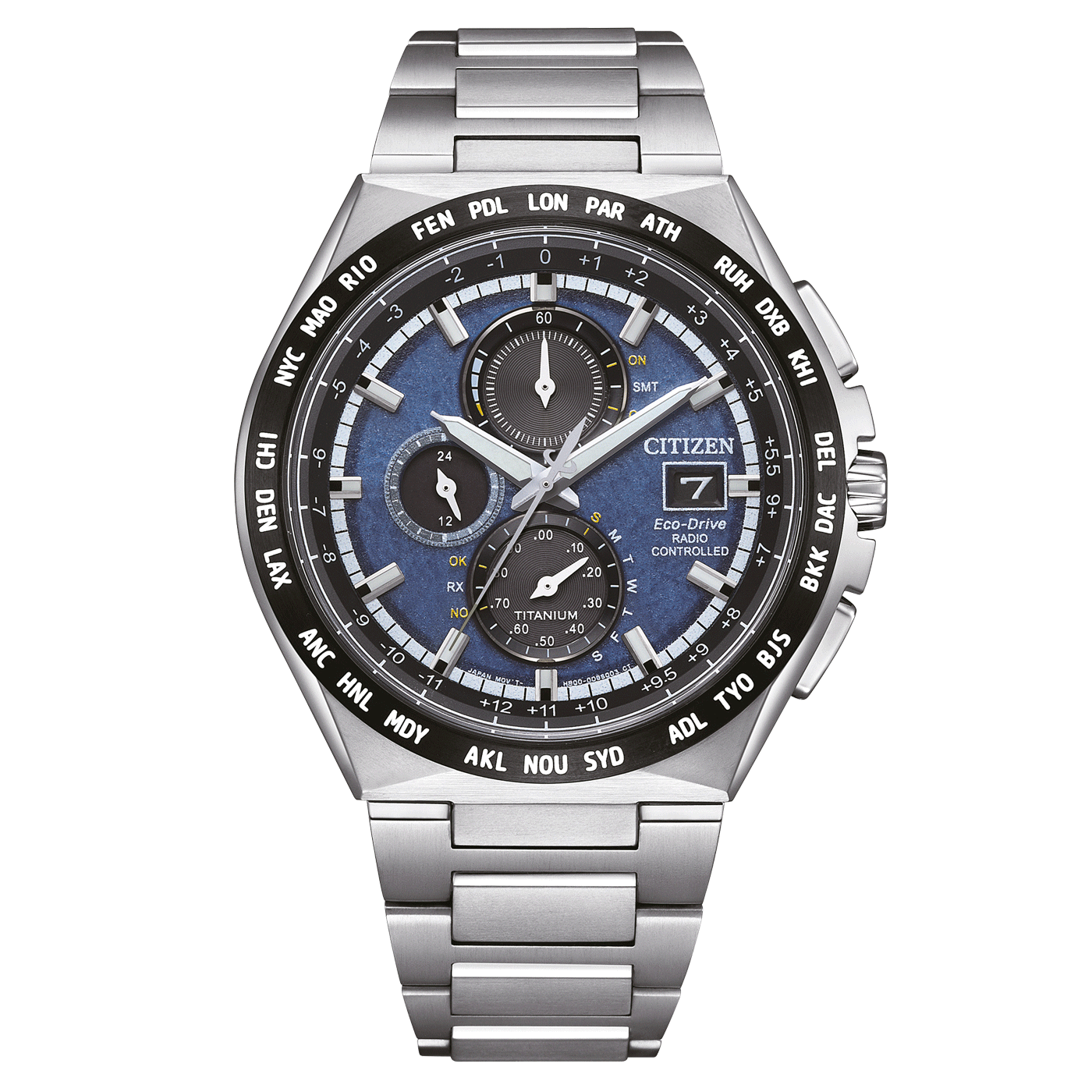 Citizen watch with blue face, titanium, radio controlled, world time, and stainless steel band.
