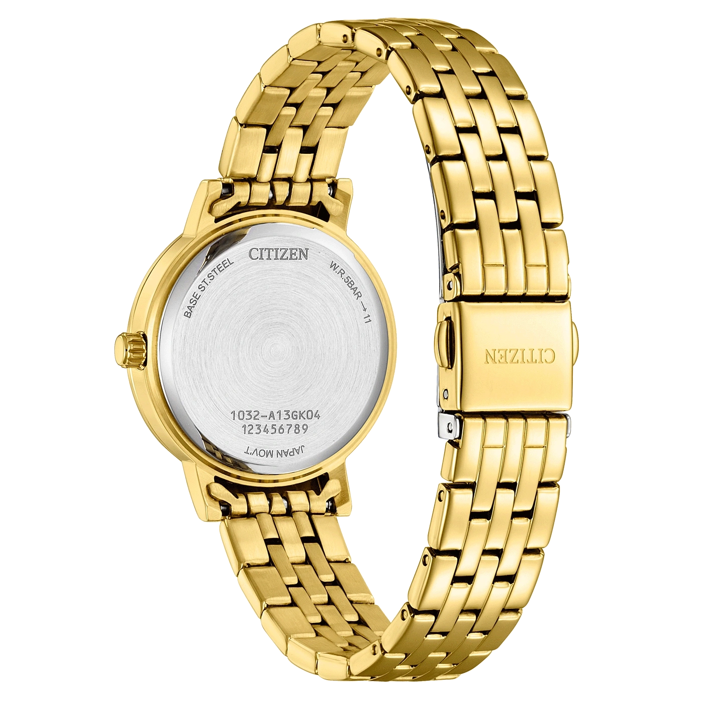 Gold Citizen watch, back view, with details of the watch face and band.