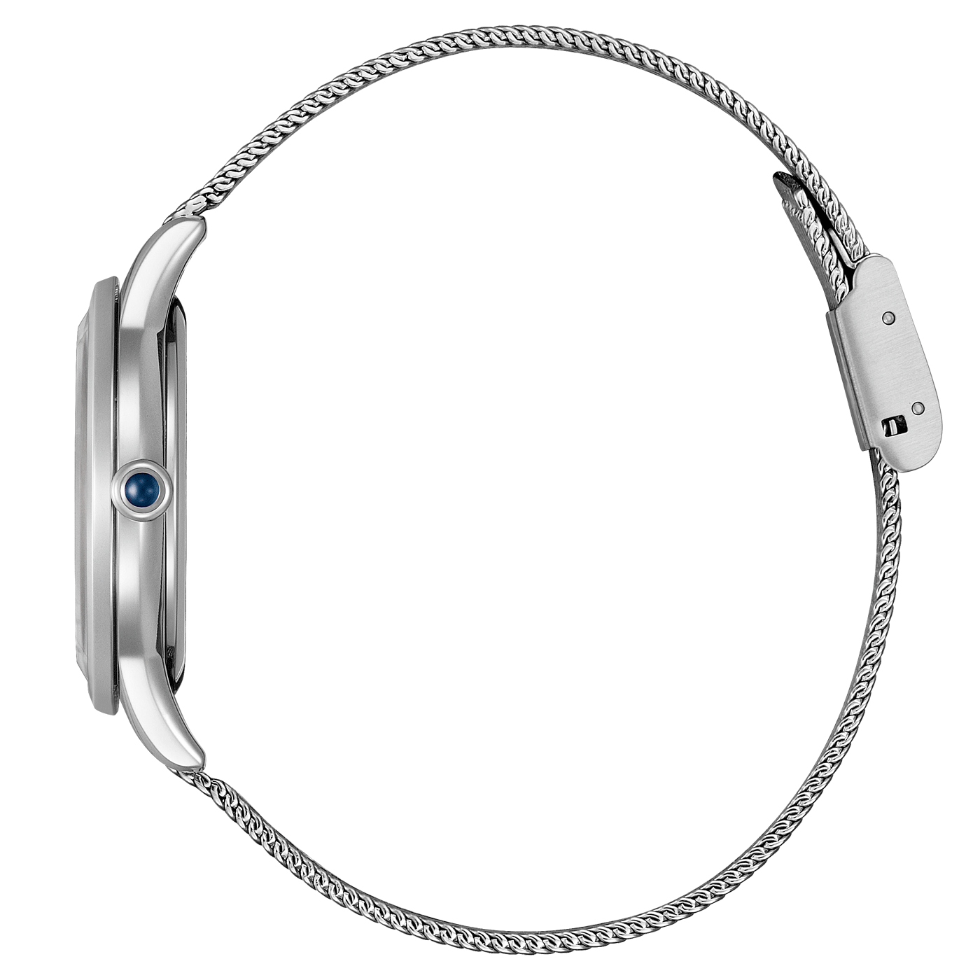 Silver watch with a mesh strap, side view, elegant design, modern style.