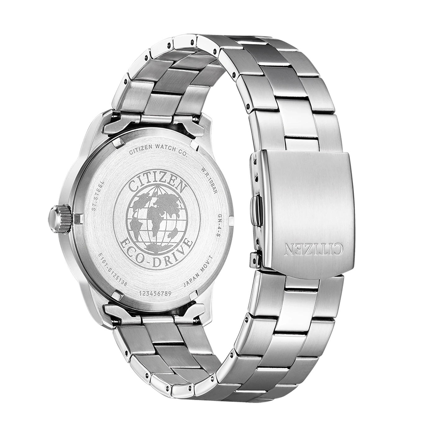 Citizen watch back, stainless steel, Eco-Drive, water resistant, Japan movement.