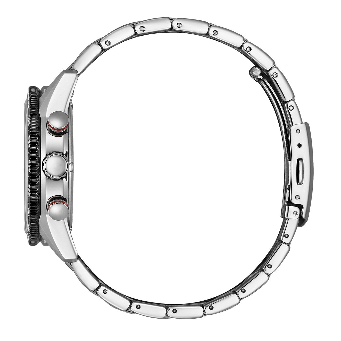 Side view of a silver watch with a metal band and two buttons on the side.