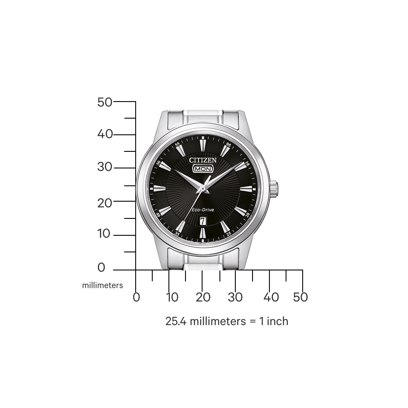 Citizen watch with black face, Eco-Drive, and date display. Silver band.