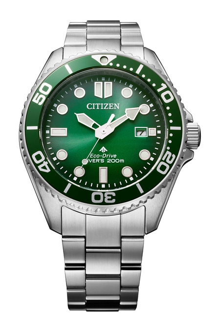 Citizen watch with green dial and silver bracelet, diver's watch, Eco-Drive