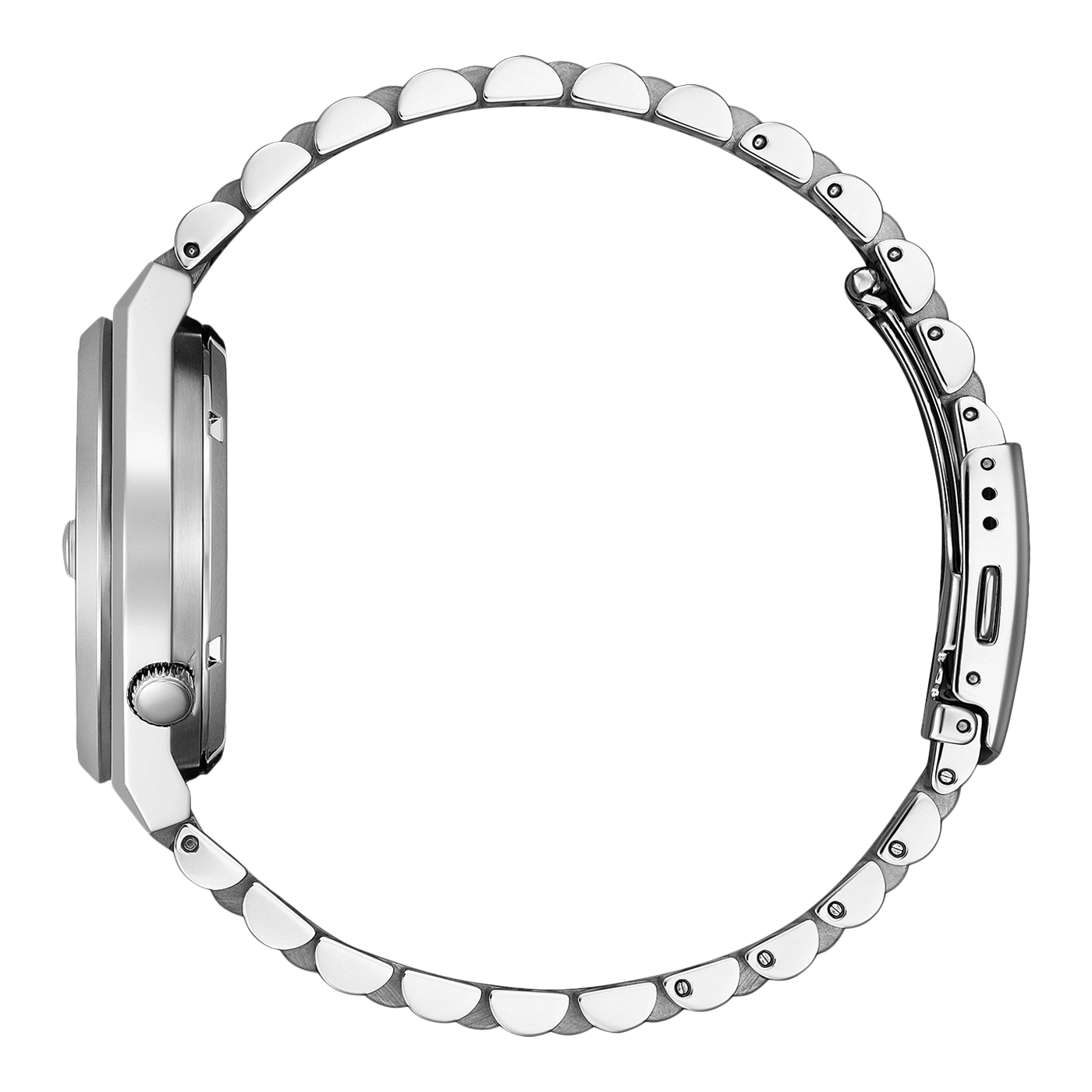 Side view of a silver wristwatch with a metal band, elegant design.
