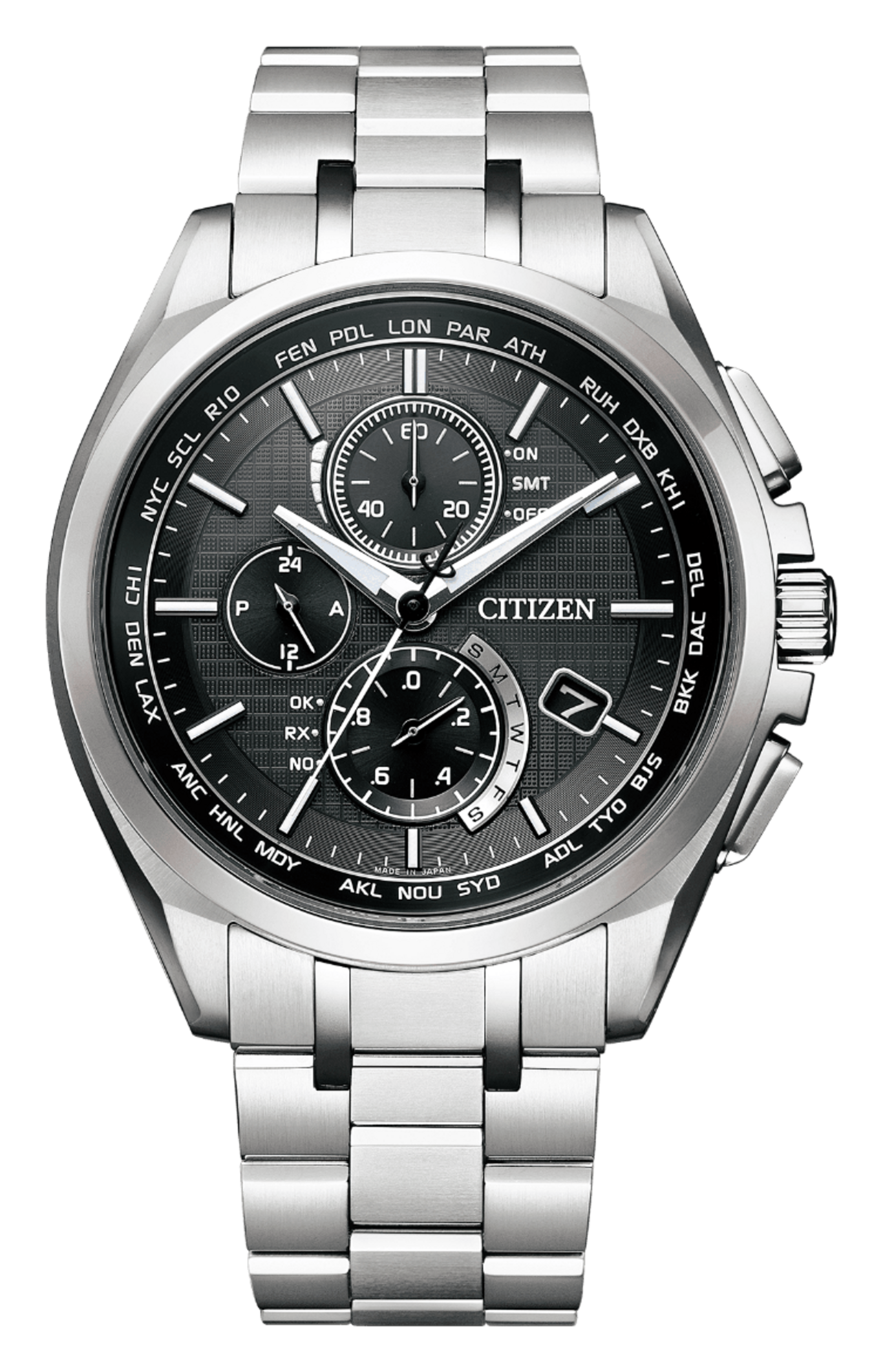 Citizen watch with a black dial, silver band, and multiple subdials.
