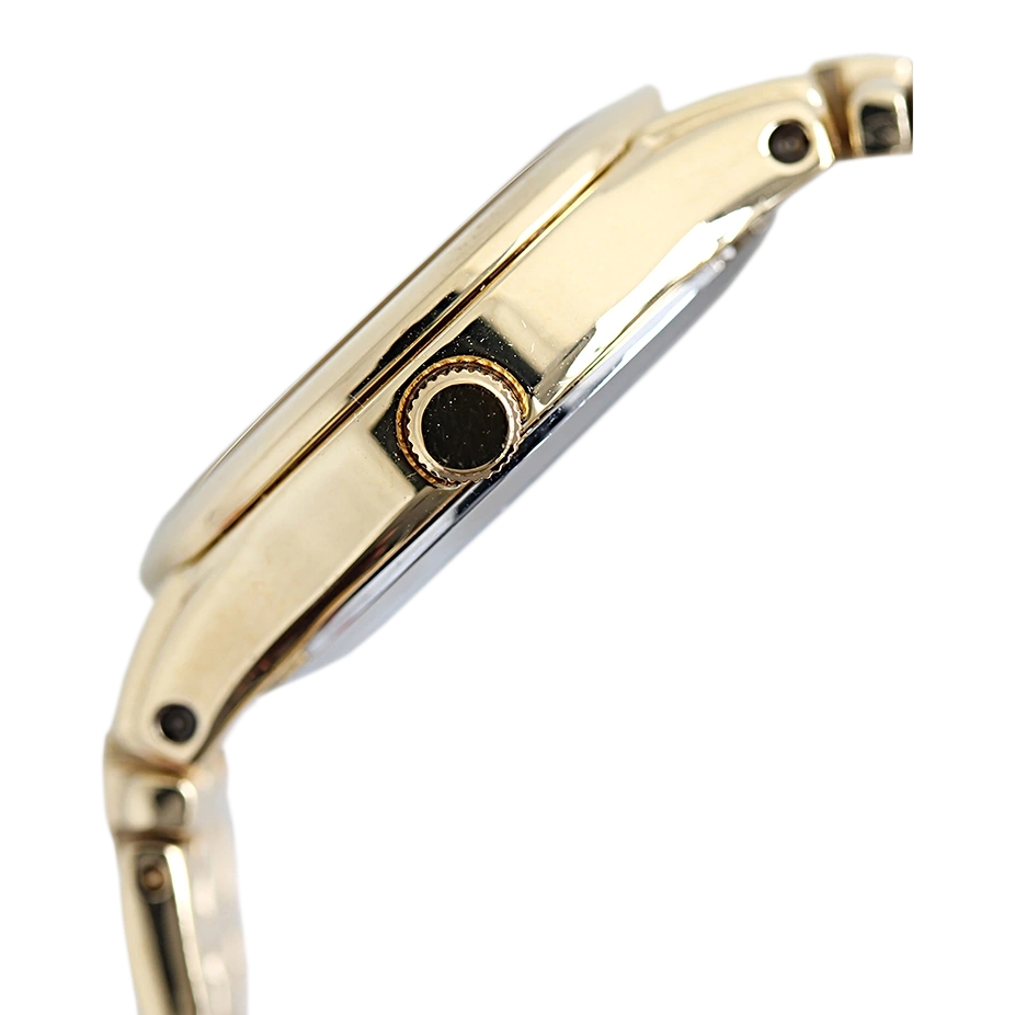 Gold watch side view, showing the crown and the band connection.