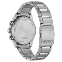 Back of a silver Citizen Eco-Drive watch with text.