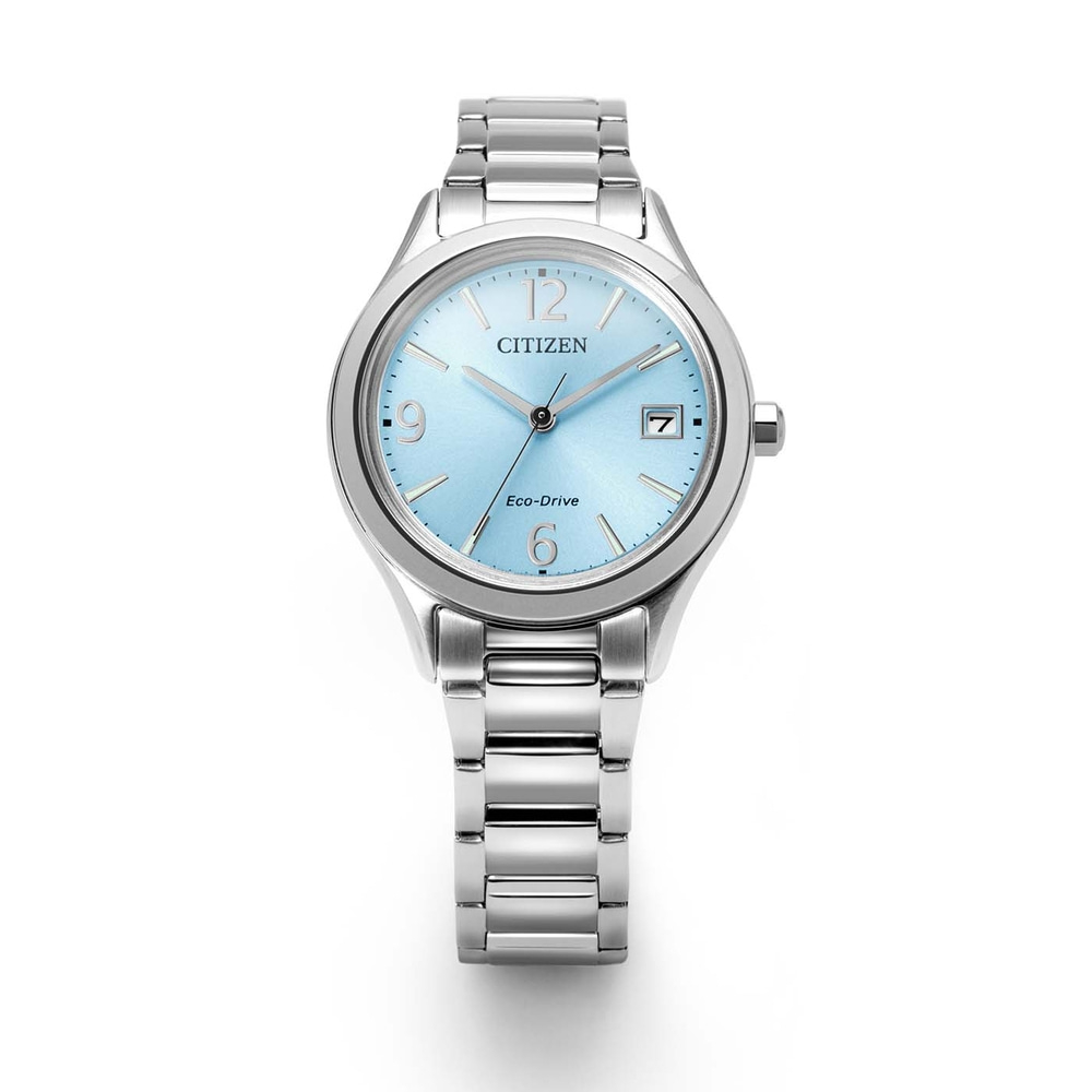 A silver Citizen Eco-Drive watch with a light blue dial and silver band.