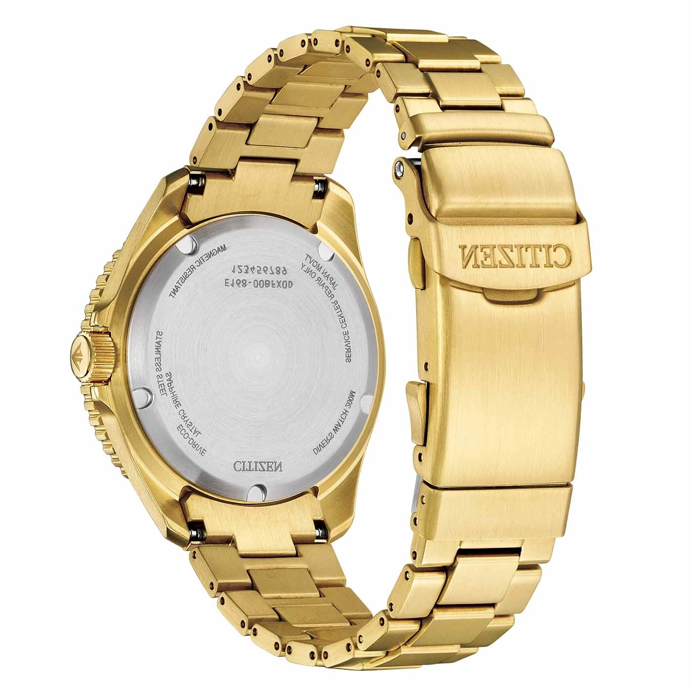 Gold Citizen watch, back view, showing the clasp and details of the watch.