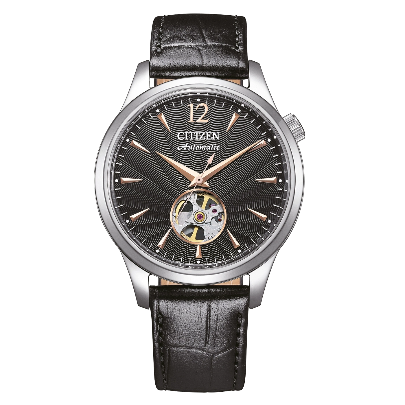 Citizen automatic watch with black leather strap and open heart dial