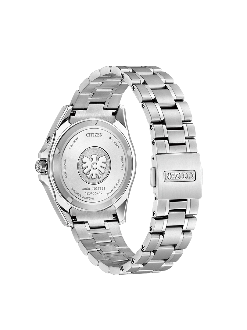 Citizen watch back with details: titanium, eco-drive, magnetic resistant, made in Japan.
