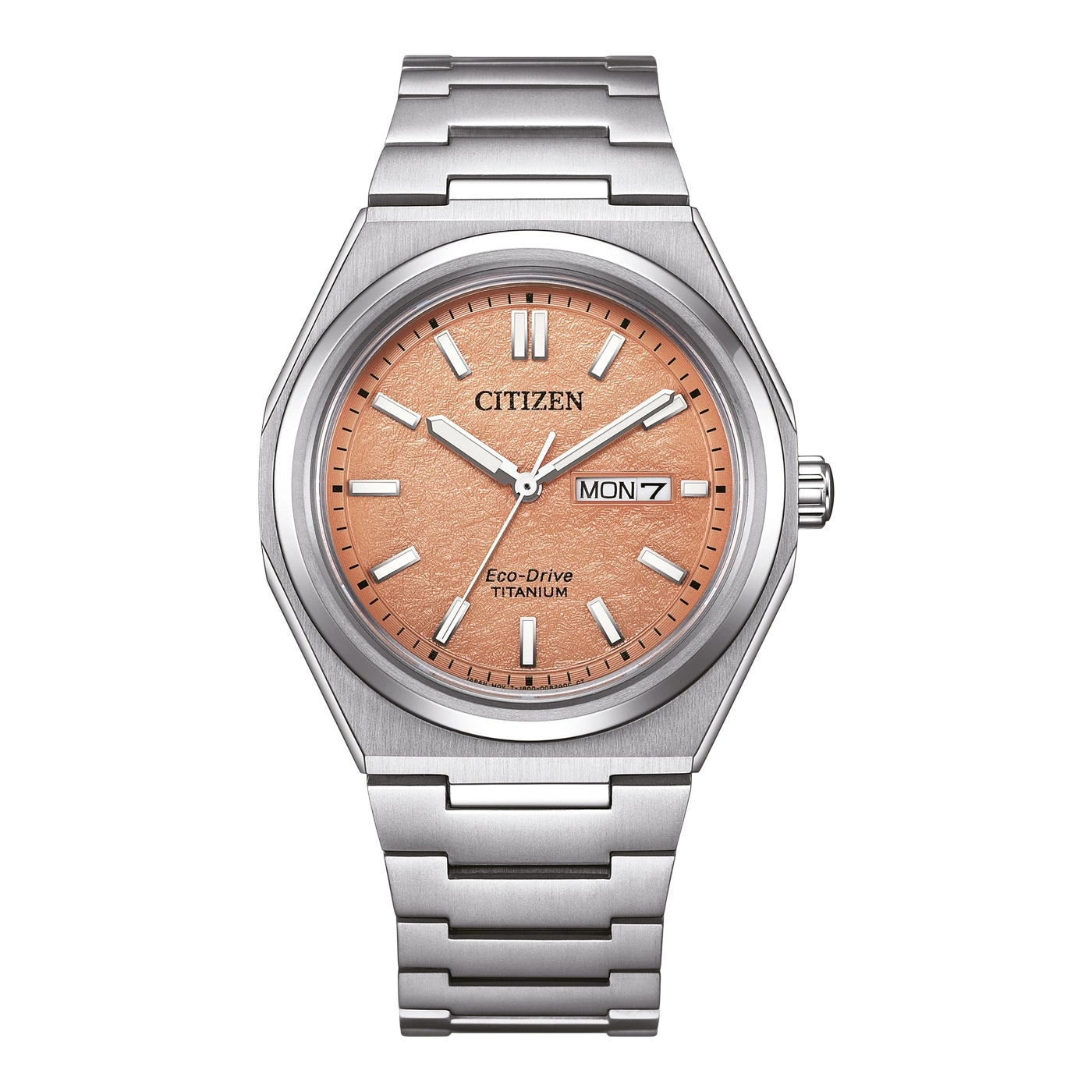 Citizen watch with a salmon dial and titanium bracelet, Eco-Drive.