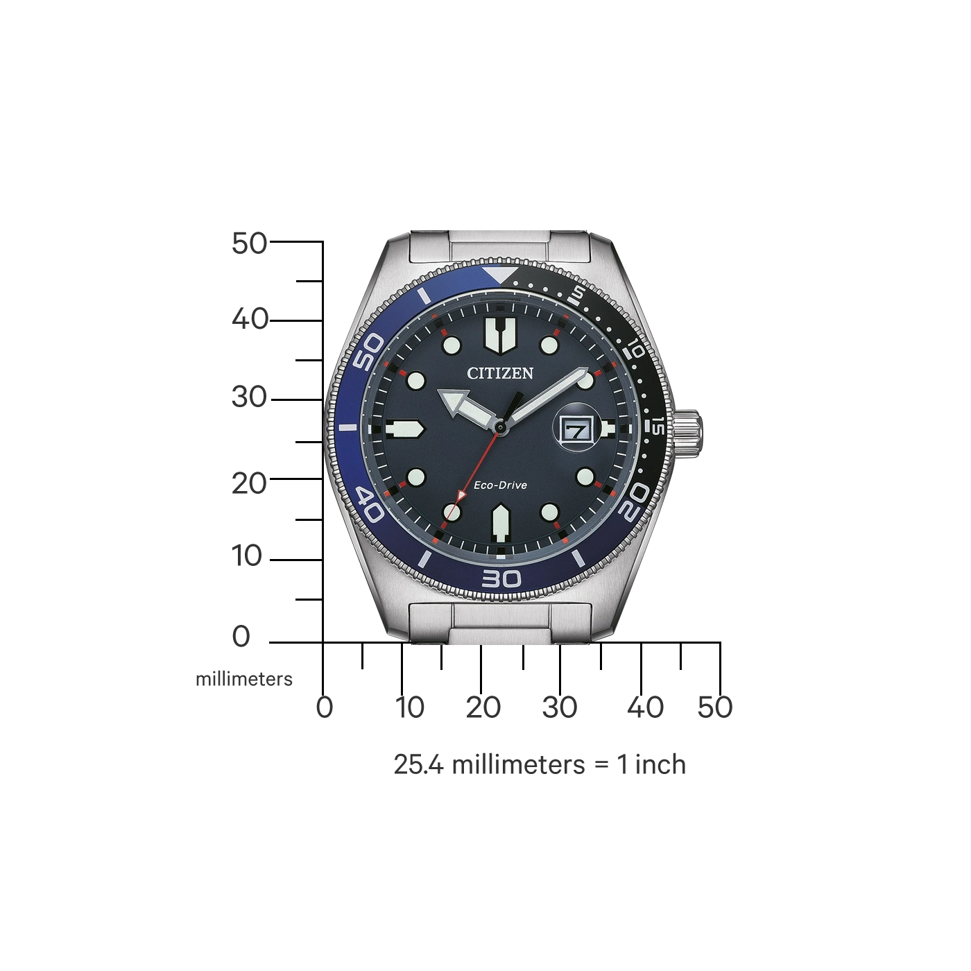 Citizen watch with blue and black bezel, Eco-Drive, and date display.
