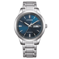 Citizen watch with a blue dial and silver bracelet, automatic movement.