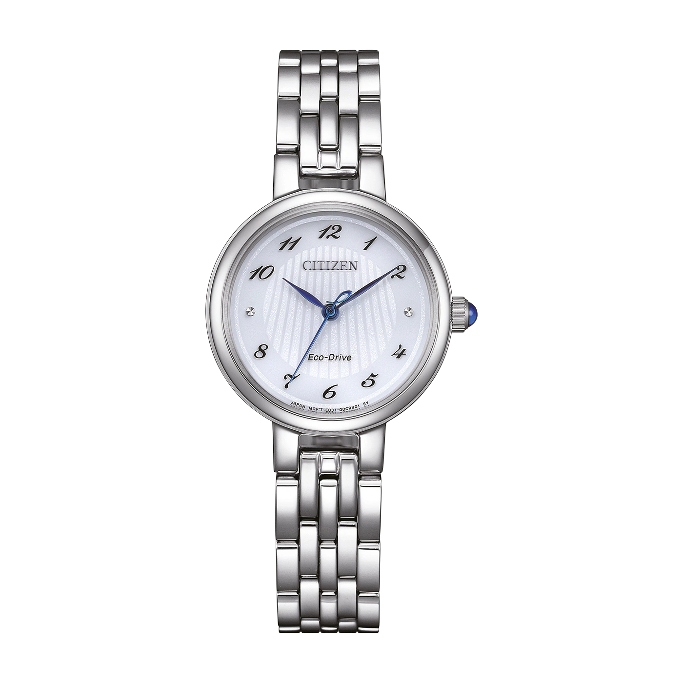 Citizen watch with a white face and silver band, elegant design.