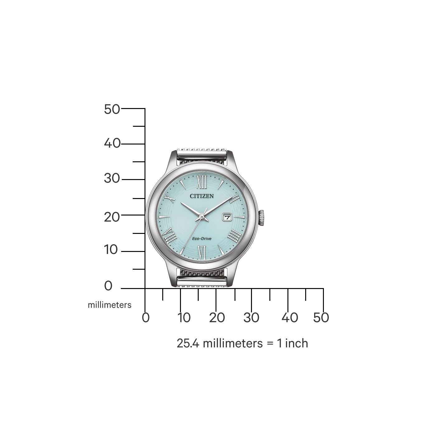 Citizen watch with a light blue face, measuring scale in millimeters, and the text 'Eco-Drive'.