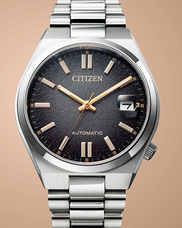 Citizen watch with black face and silver strap, elegant design.