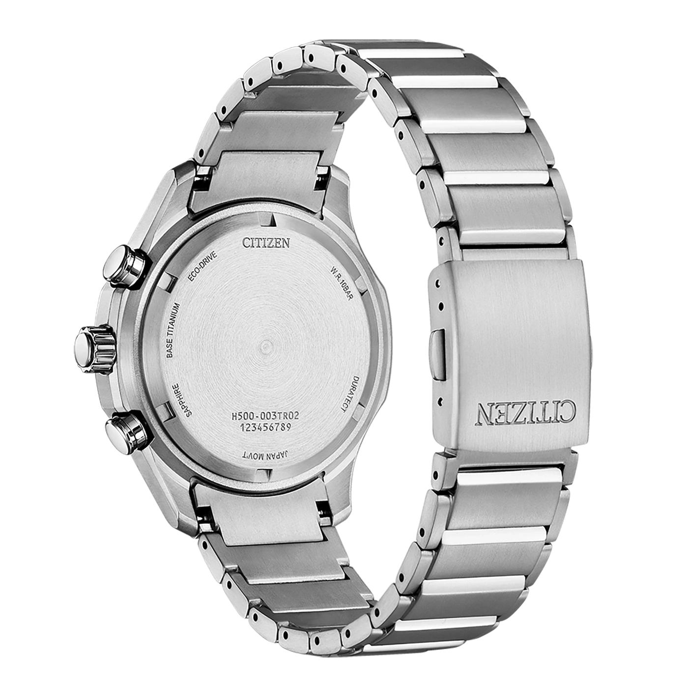 Citizen watch back, titanium, sapphire, eco-drive, Japan movt, W.R.10BAR, Duratect