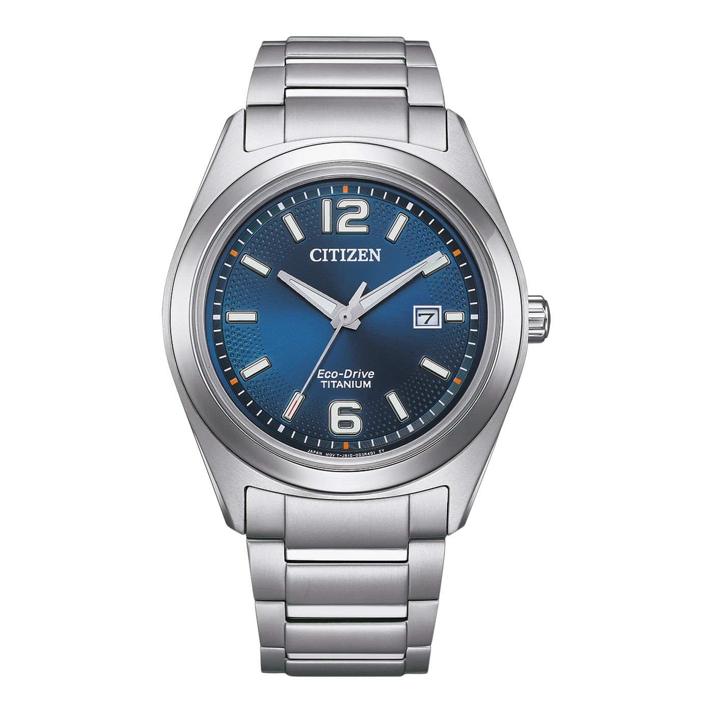 Citizen watch with blue dial, titanium, Eco-Drive, date display, and silver bracelet.
