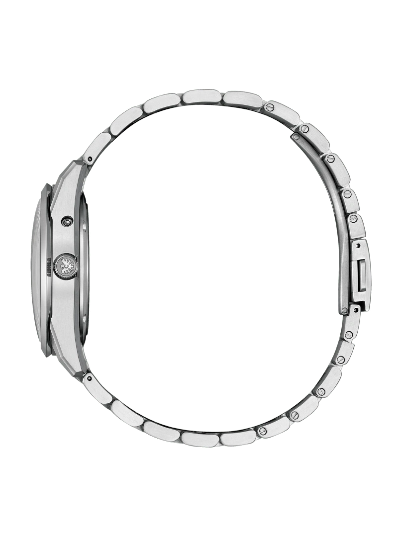Side view of a silver wristwatch with a metal band on green background.