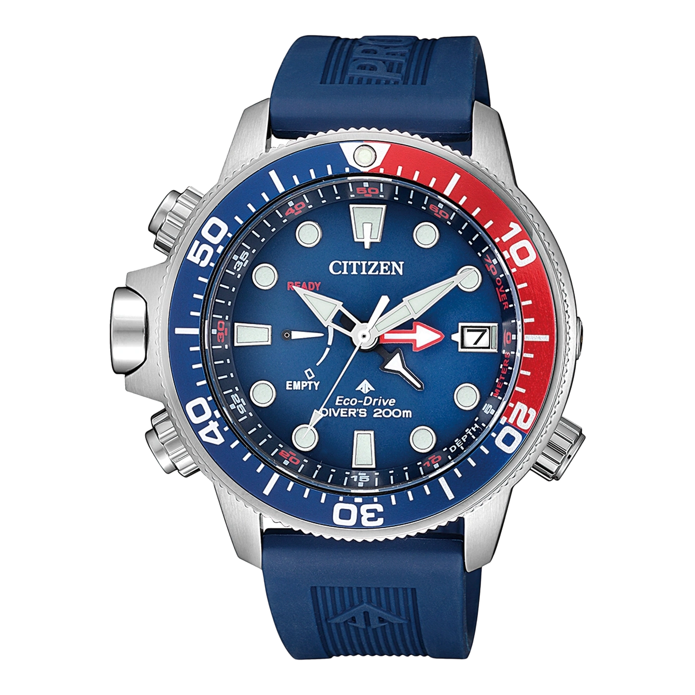 Citizen watch with blue and red bezel, blue strap, and silver case.