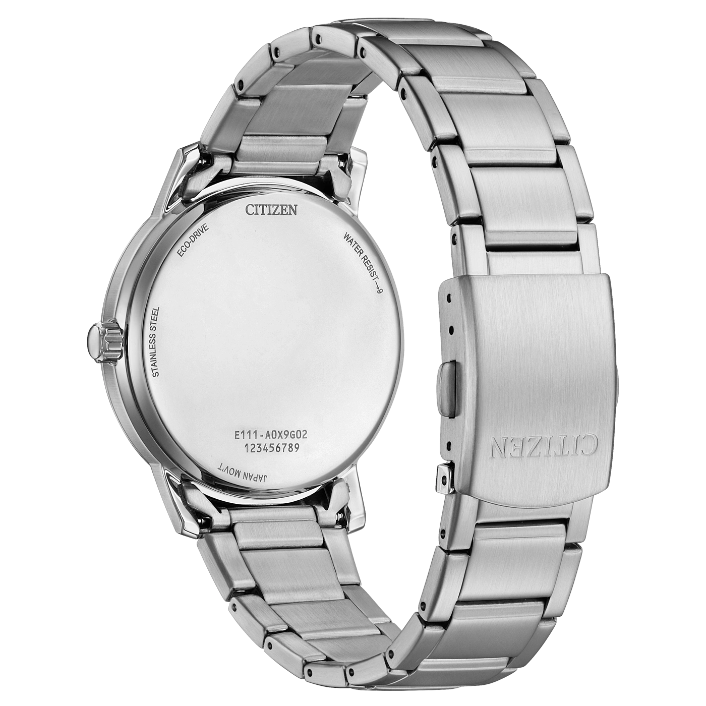 Citizen watch back, stainless steel, Eco-Drive, water resistant, Japan movement, model number.