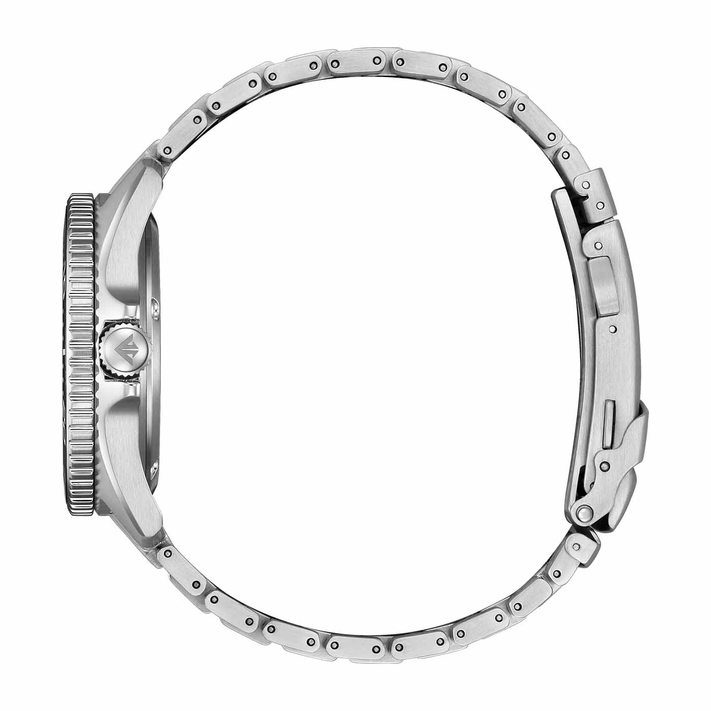 Side view of a silver wristwatch with a metal band and a round face.