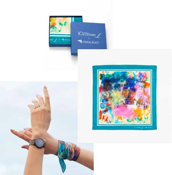 Citizen L watch, scarf, and box. Colorful abstract art design.