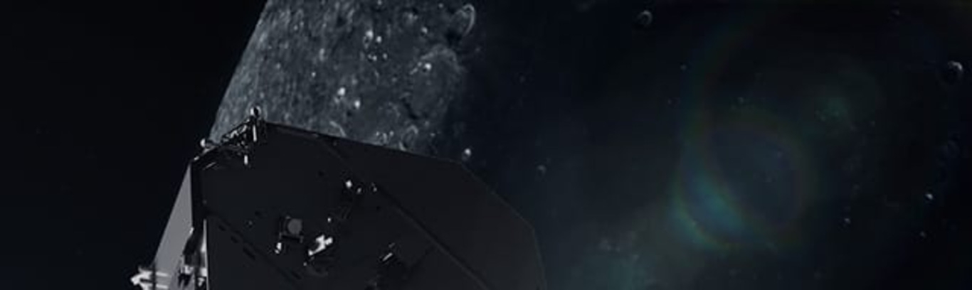 Spacecraft near asteroid in space with stars and dark background