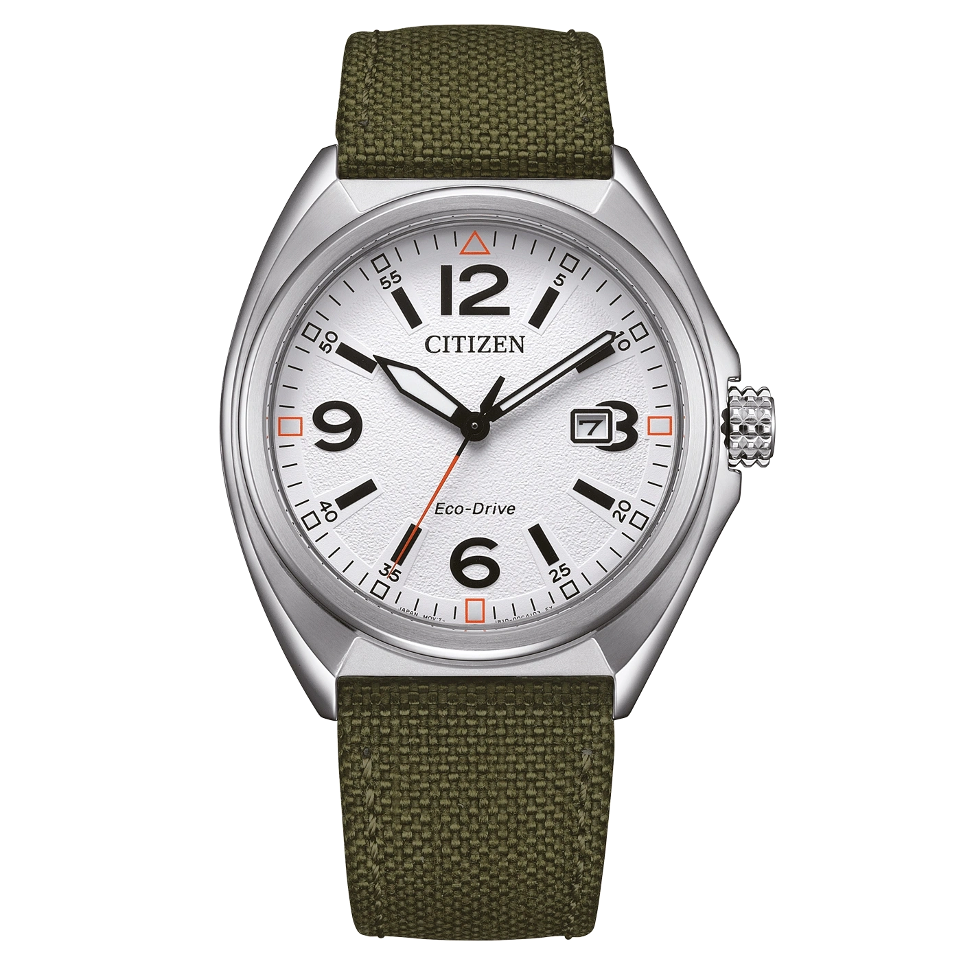 Citizen watch with white face, black numbers, and green strap.