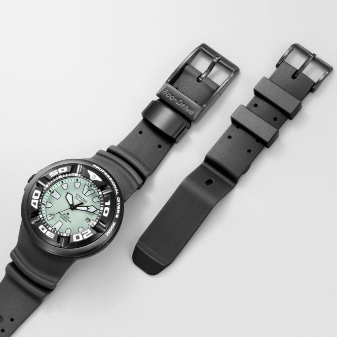 Black Citizen watch with a light blue face and a black strap.