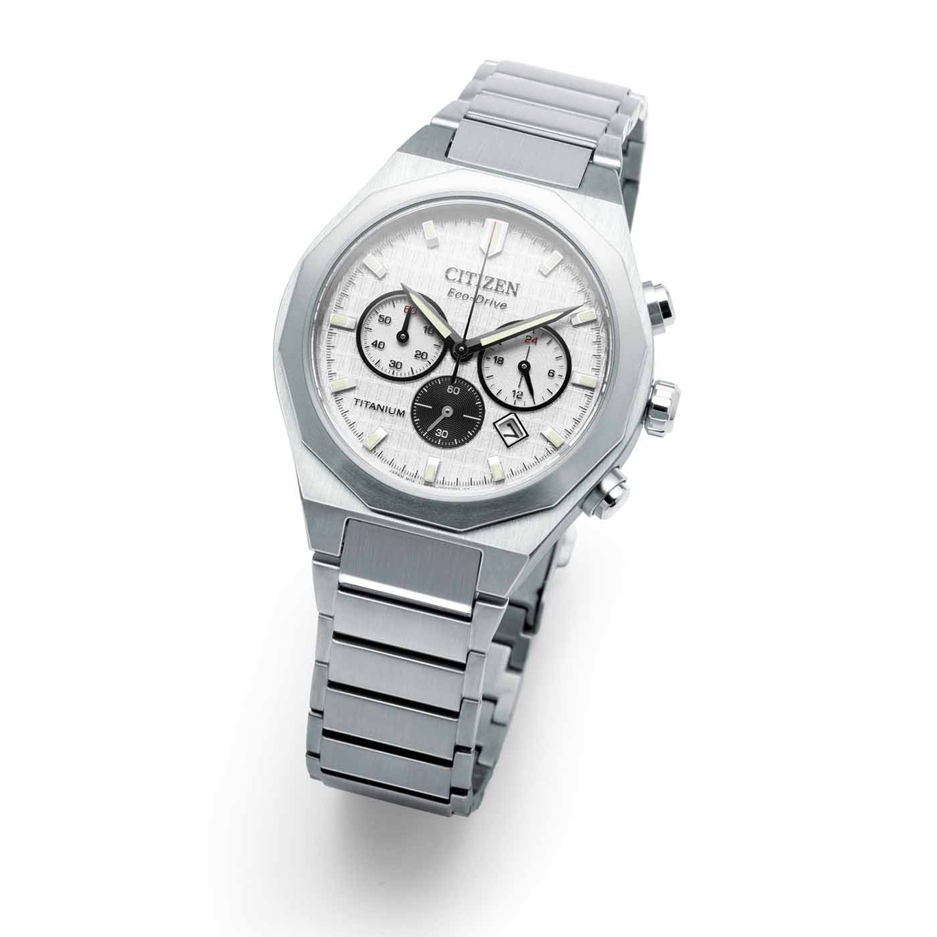 Citizen Eco-Drive titanium watch with a white dial and chronograph features.